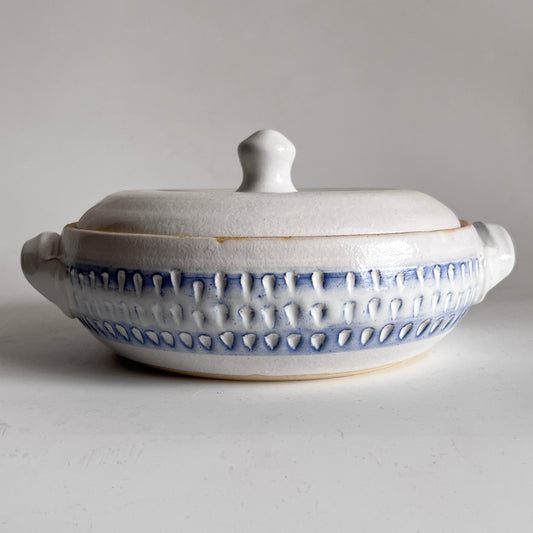 White & Blue Casserole w/ carved pattern