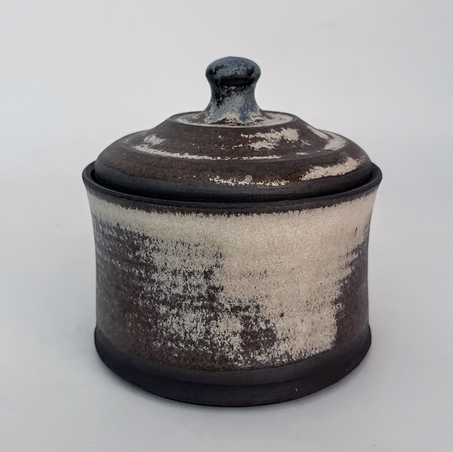 Jar (Cylinder - Wide) - White and Brown-Black w/ Blue Knob