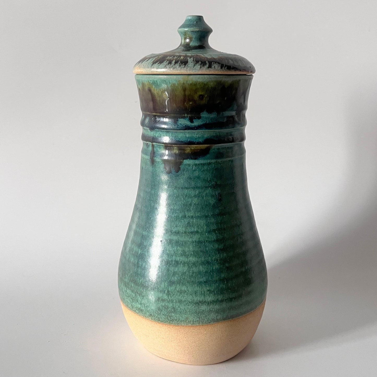 Green Vase with Lid and Brown trails
