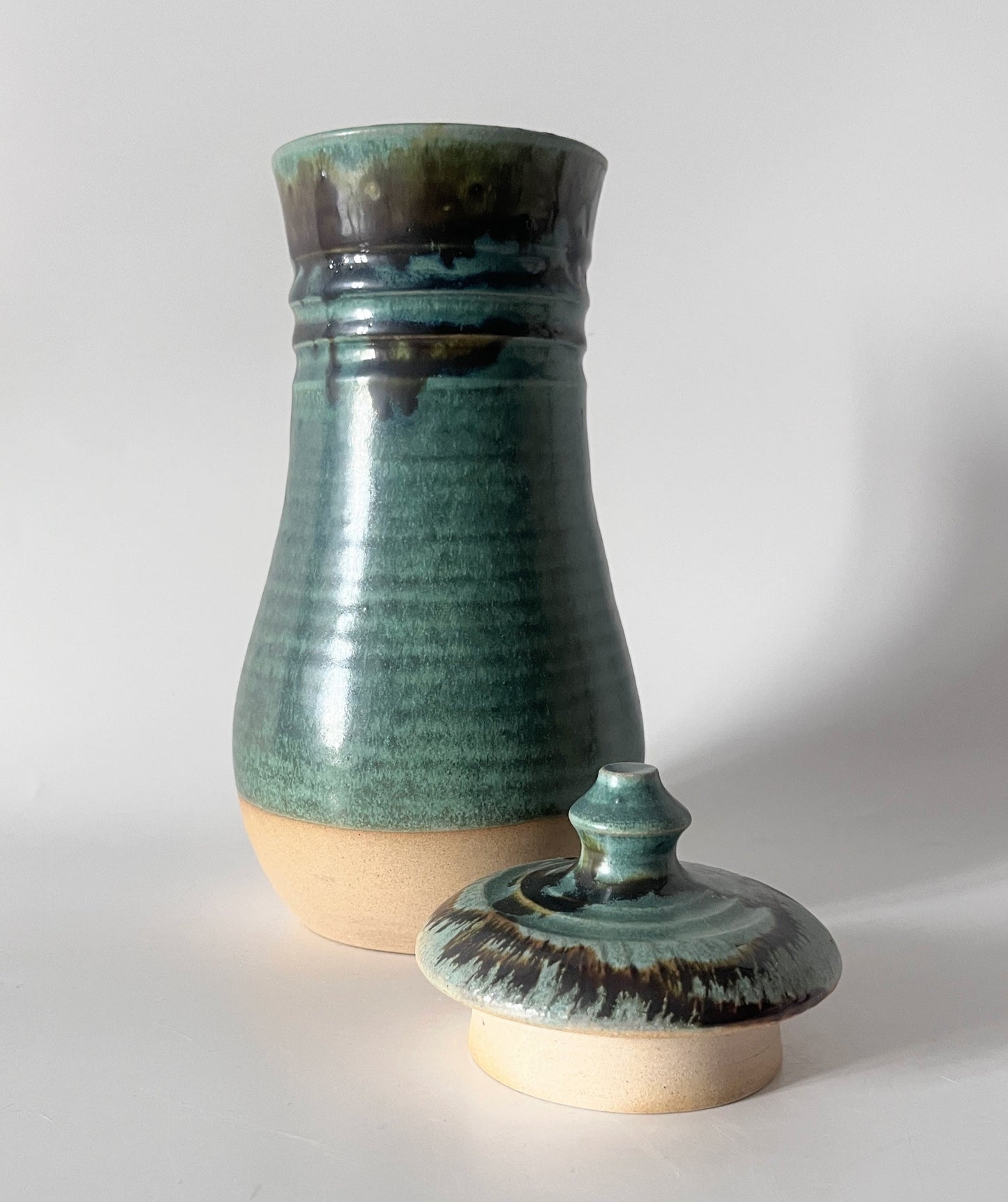 Green Vase with Lid and Brown trails