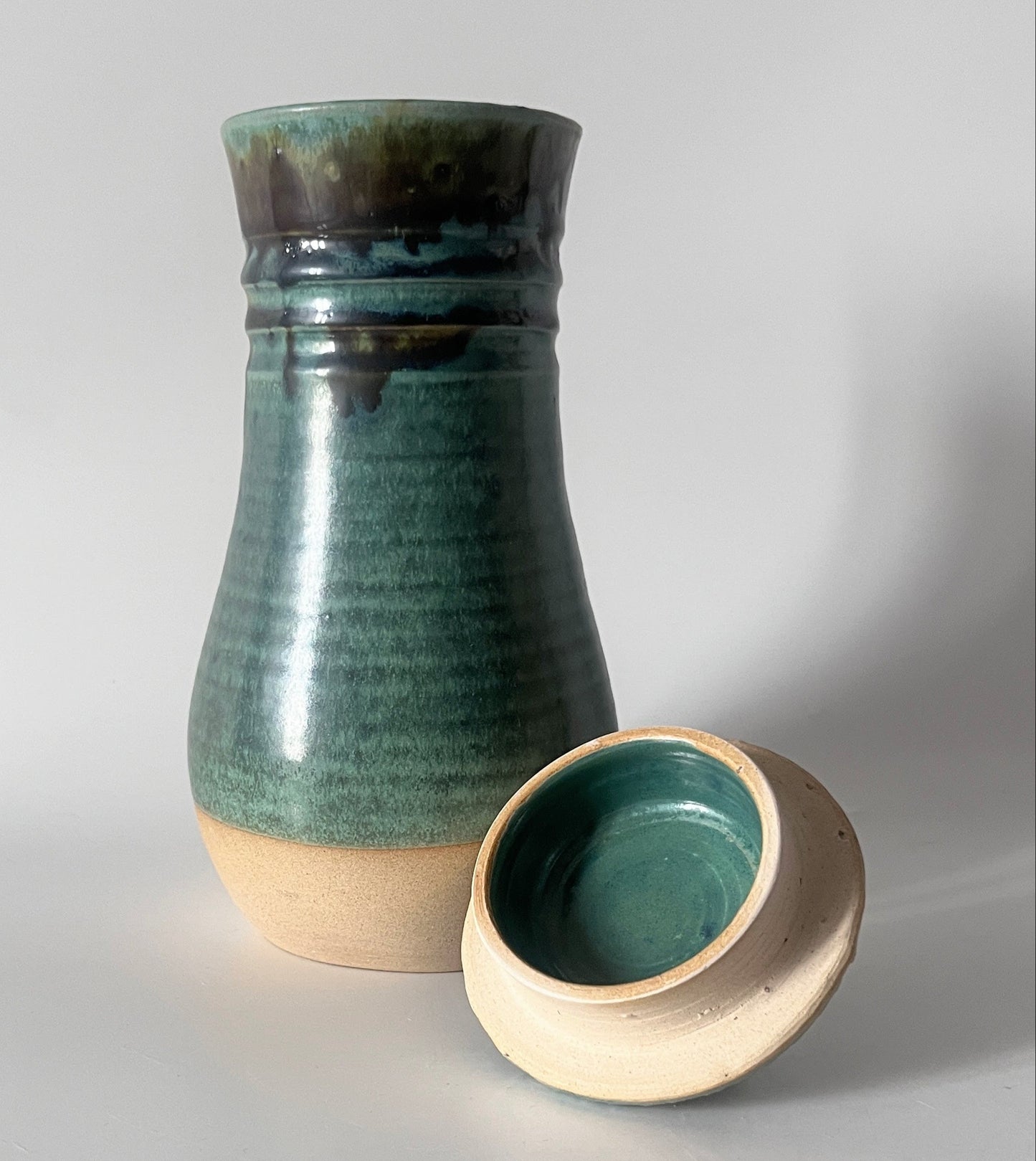 Green Vase with Lid and Brown trails