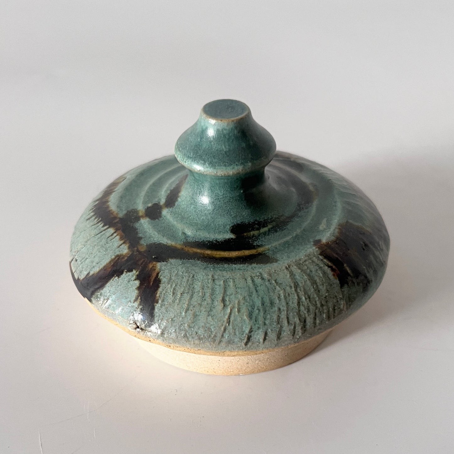 Green Vase with Lid and Brown trails
