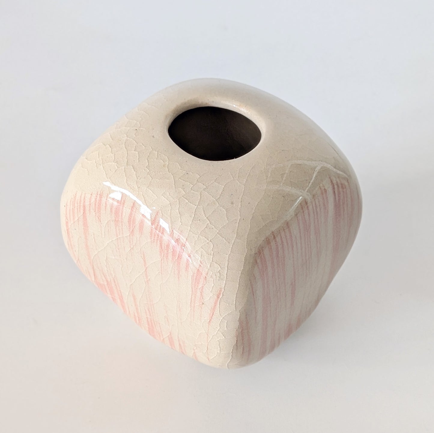 Cream Bud Vase w/ Peach-Pink Stripes - Cube