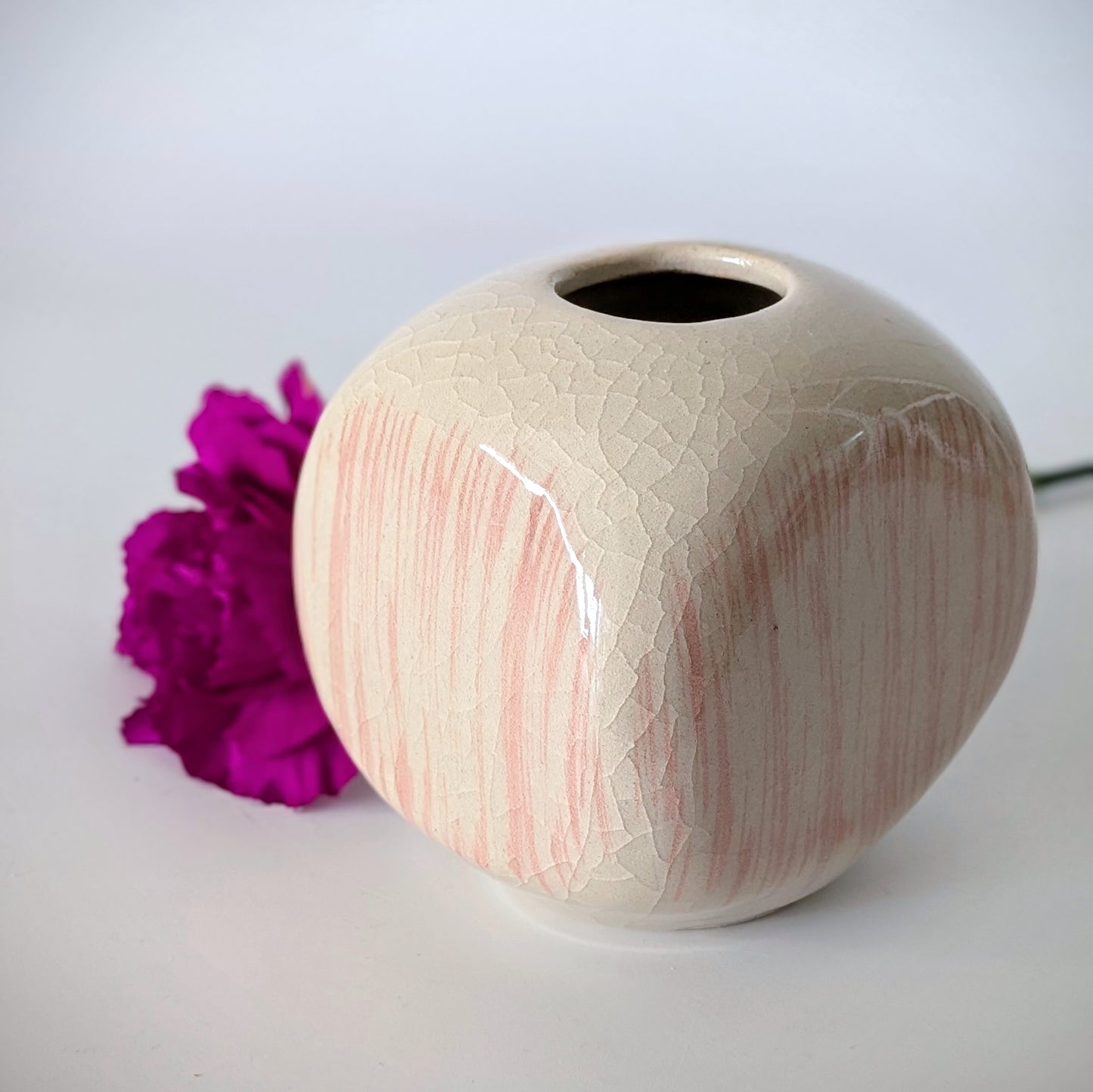 Cream Bud Vase w/ Peach-Pink Stripes - Cube