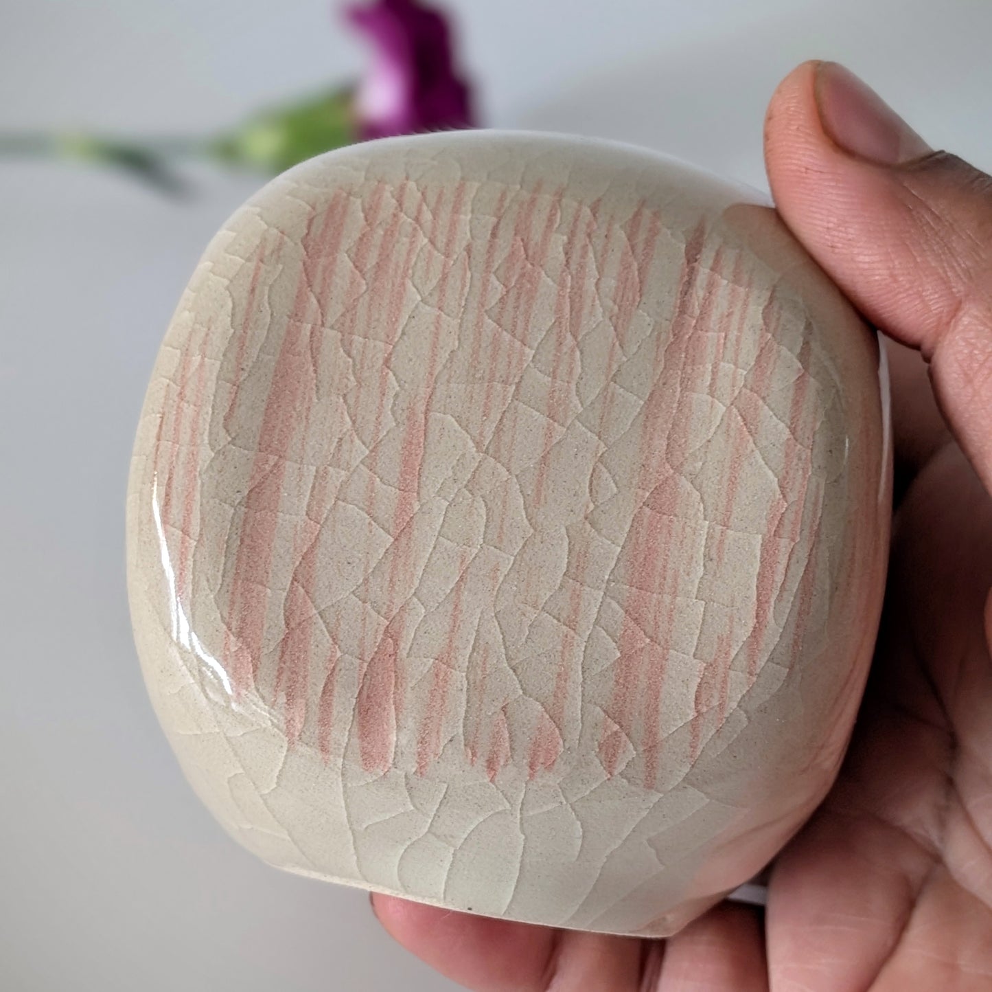 Cream Bud Vase w/ Peach-Pink Stripes - Cube